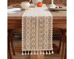 Gehaakte kant tafelloper - Boho katoenen tafelloper - Tafelloper - Tafelloper van katoen en linnen Tafelkleed - 120x30cm - Rustieke tafeldecoratie - Set van 1 - Met kwastjes - Voor bruiloft, bruidsdouche