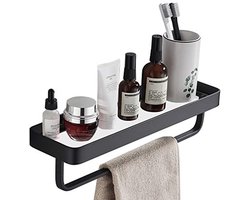 Gehard Glazen Plank 15,7 inch met Handdoekstaaf - Wandgemonteerde Aluminium Doucheorganisator - Over Toilet Opbergkast - Mat Zwart Keuken Vuilnisrek