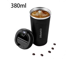Geïsoleerde koffiemok - Geïsoleerde beker - Draagbare koffiemok - Met thermometer - Reisbeker - 380 ml - Vacuüm geïsoleerde mok - Unisex draagbare mok - Geschikt voor koffie op reis en het bewaren van drankjes buitenshuis - Zwart