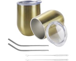 Geïsoleerde Wijnglas met Deksel, Set van 2, Dubbelwandige Vacuüm Roestvrijstalen Wijnglas zonder Steel 12 oz, Duurzame Geïsoleerde Koffiemok, voor Champagne (inclusief Rietjes en Borstel) (Goud)