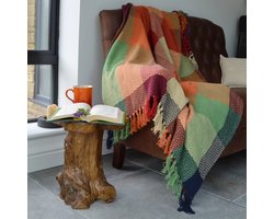 Gekleurde fleurige sprei - bedsprei - eenpersoons- sprei - Plaid - Geel/groen/blauw/rood/oranje - 200x150 cm - kleurig plaid - meerkleurige plaid - multie color plaid - Recycled katoen