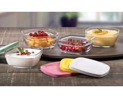 Gekleurde glazen bewaarbakjes met deksel (pudding voorraadpot) 310ml - 4 stuks