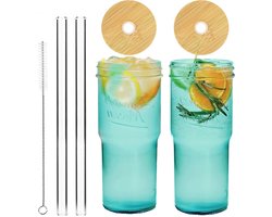 Gekleurde glazen drinkbekers - 24 oz reismok met deksel en rietje - Brede mond glazen beker voor ijskoffie, smoothies en thee - Waterbeker met leuke designs - Set van meerkleurige drinkglazen