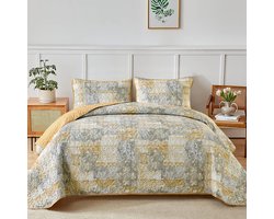 Gele Boho Quilt Set - Beddengoed Set - Slaapkamer Decoratie - Patchwork Bloemen - Queen Size 90"x96" - Grijs
