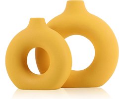 Gele keramische vaasset voor huisdecoratie - ronde boho vaas voor pampasgras en bloemen - moderne woonkamer slaapkamer - open haard boerderij - centerpieces