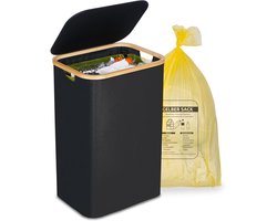 gele zak prullenbak met standaard en transparant venster, zwart