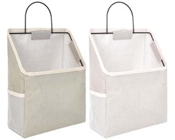 GELLDG 2 stuks hangende opbergzakken - aan de muur te bevestigen mand - stoffen en metalen frame - linnen - met haken - hangende mand - geschikt voor entrees, garderobekasten, kasten, badkamers en hal - grijs en wit