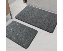 GELLDG Badkamermatset – 2-delige set – Extra dikke badmatten van traagschuim met kiezelstructuur – Antislip, absorberend, wasbaar – Geschikt voor baden, toiletten en vloeren – Donkergrijs – 40×60 cm + 50×80 cm