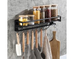GELLDG Keukenrek met haken - Keukenrek om aan de muur te hangen - Keukenrek met haken - Kan worden bevestigd met lijm of door te boren - Met 8 haken - Wandrek voor het opbergen van keukengerei - 40 cm