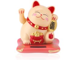 Gelukkige Waving Fortune Kat Ornament voor Bureau en Auto - Zonne-energie, Gelukskat, Welkom Rijkdom, Schattig Design (Geel)