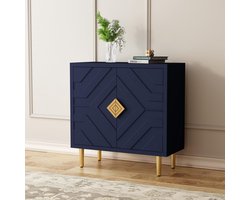 Geneey Luxe Moderne Dressoir Kast – Blauwe Opbergkast met 2 Deuren, Gouden Poten en Diamant Handgrepen – Multifunctionele Houten Kast voor Woonkamer, Slaapkamer, Keuken of Hal – 80x36x82 cm – Elegant Design & Veel Opbergruimte