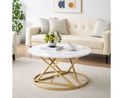 Generieke bijzettafel – moderne woonkamertafel, marmeren salontafel, ronde salontafel in wit en goud, geschikt voor woonkamer, slaapkamer, kantoor en balkon, 1 stuk, diameter 80 cm