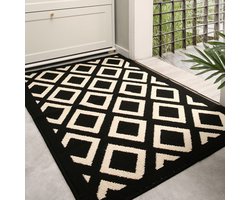 Geometrische antislip deurmat voor binnen-Schoonloopmat-zwart/beige 60x90cm