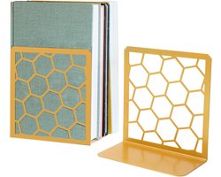 Geometrische honingraat gouden metalen boekenplankdecoratie - Hoge stevige boekensteunen voor planken - Moderne, robuuste boekensteunen - Boekenplank voor kantoor of thuis - 6x3,25x6,25 inch - 1 paar