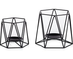 Geometrische kaarsenhouders zwart - 2 stuks metalen theelicht kaarsenhouder decoratie voor woonkamer eetkamer salontafel bruiloft centrepiece mantel open haard plank patio outdoor