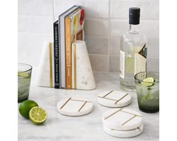 Geometrische marmeren boekensteunen - wit met messing inleg