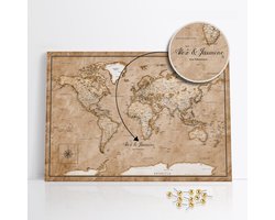 Gepersonaliseerd wereldkaart prikbord 90x60 cm - Handgemaakt kurk prikbord voor reizigers - Uniek wanddecoratie met 50 gouden pins