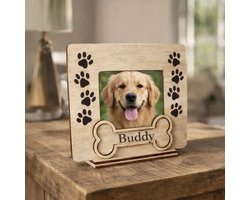 Gepersonaliseerde Houten Fotolijst Huisdier met Naam – Fotolijstje Hond & Kat met Pootafdrukken en Botje – Uniek Cadeau voor Huisdierenliefhebber of Herdenkingslijstje – Hout – Fotlijst Huisdier Graveren