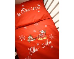 Gepersonaliseerde rode dekbedovertrekset voor kinderen met rendieren en sneeuwvlokken en de naam van je kind geborduurd(110x160cm)/Personalized red duvet cover set for children with reindeer and snowflakes and your child's name embroidered(110x160cm)