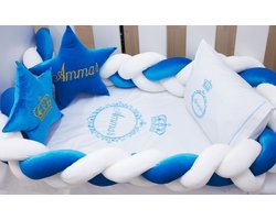 Gepersonaliseerde set voor babyjongen met borduurwerk-Katoen satijn (dekbedovertrek, bedbumper en 2 gepersonaliseerde decoratieve kussens)\Personalized Set for baby Boy with Embroidery (Duvet cover, bed bumpers and 2 decorative personalized cushion)