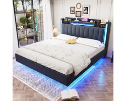 Gepolsterd Bed 140x200 cm - Met Opbergruimte - Met LED-verlichting - Met USB-aansluiting - Grijs