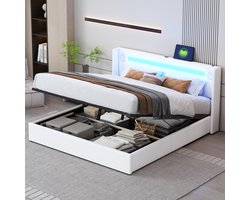 Gepolsterd Bed - 160x200 cm - Bluetooth en USB - LED en Opbergbank - PU-Leder - Wit