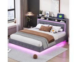 Gepolsterd Bed - 160x200 cm - Met USB en LED - Verborgen Voetdesign - Linnen - Grijs