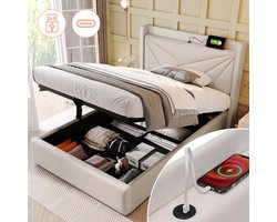 Gepolsterd eenpersoonsbed met opbergruimte onderbed en USB Type C-oplader hoofdeinde, opbergbedden bedframe van linnen materiaal jeugdbed 90x200 met lattenbodem (zonder matras) beige