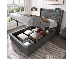 Gepolsterd eenpersoonsbed met opbergruimte onderbed en USB Type C-oplader hoofdeinde, opbergbedden bedframe van linnen materiaal jeugdbed 90x200 met lattenbodem (zonder matras) grijs