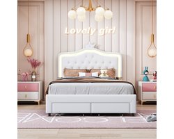 Gepolsterd kinderbed 140x200 cm met LED-verlichting - Eenpersoonsbed voor meisjes met opberglades, bedframe met in hoogte verstelbaar hoofdeinde en lattenbodem, PU, wit (zonder matras)