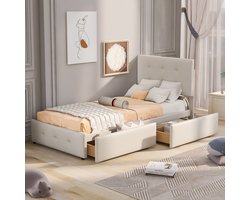Gepolsterd Kinderbed 90x200 cm - Met Opbergruimte - Met Fluweel - Met Lades - Beige