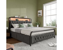 Gepolsterd Tweepersoonsbed Met LED Bedframe, USB Type-C Oplaadfunctie & App-bediening - Metaal Bed 160x200 cm, 4 Laden, Fluwelen Stof (Zonder Matras)