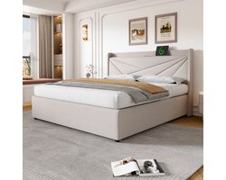 Gepolsterd tweepersoonsbed met opbergruimte onderbed en USB Type C-oplader hoofdeinde, opbergbedden bedframe van linnen materiaal jeugdbed 140x200 met lattenbodem (zonder matras) beige