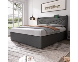 Gepolsterd tweepersoonsbed met opbergruimte onderbed en USB Type C-oplader hoofdeinde, opbergbedden bedframe van linnen materiaal jeugdbed 180x200 met lattenbodem (zonder matras) grijs