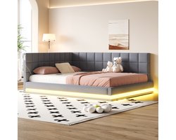 Gepolsterde Slaapbank 160x200 cm - LED-verlichting, USB-laadfunctie, met lattenbodem - Linnen stof, Grijs