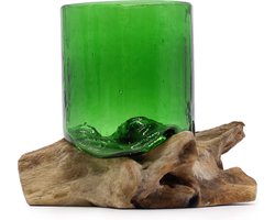 Gerecycleerd Gesmolten Glas op Hout - Kom - Groen - 15x13x13cm - Gemaakt Van Gebruikte Bierflessen