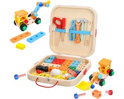 Gereedschapset voor kinderen, gereedschapset voor peuters met gereedschapskist, STEM-bouwspeelgoed voor kleuters, houten gereedschapsset