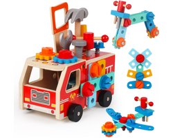 Gereedschapset voor peuters, 32-delige houten brandweerwagen speelgoedset, Montessori gereedschapskist voor Kinderen, speelgoedset voor fantasiespel, houten constructiespeelgoed, educatief speelgoed, verjaardagscadeau voor jongens en meisjes