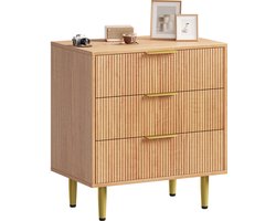 Geribbeld Modern Dressoir - Breed Houten Ladekast Met 3 Lades Metalen Handgrepen En Poten - Opbergkast Voor Slaapkamer, Hal En Woonkamer - Natuurlijke Houtkleur