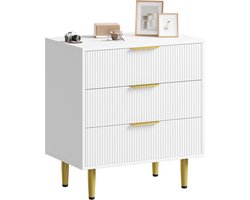 Geribbeld Modern Dressoir - Breed Houten Ladekast Met 3 Lades Metalen Handgrepen En Poten - Opbergkast Voor Slaapkamer, Hal En Woonkamer - Wit