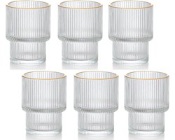 Geribbelde Drinkglas- koffie glas - Goude rand – 185 ml – Set van 6 - cocktailglazen - ijskoffieglazen - drinkglazen