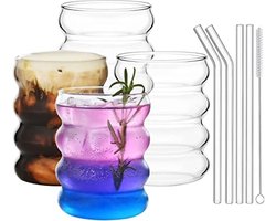 Geribbelde drinkglazen met glazen rietjes, 4-delige set, 350 ml ijskoffieglazen, Wave Tumbler, bierglazen, voor cocktail, melk, water, frisdrank, cadeau met borstel