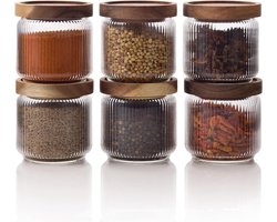 Geribbelde glazen potten met stapelbaar en luchtdicht houten deksel - voorraadbussen voor koekjes, thee of suiker voor keuken, voorraadkast, bar of badkamer (12 oz - 350 ml)
