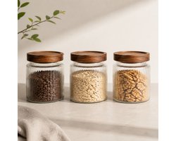geribbelde glazen potten - set van 3 - stapelbaar - en luchtdicht houten deksel - voorraadbussen voor koekjes, thee of suiker, voor keuken, voorraadkast - 600 ml - 100x100