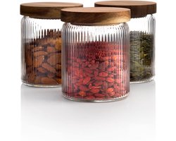 geribbelde glazen potten, stapelbaar en luchtdicht houten deksel - voorraadbussen voor koekjes, thee of suiker, voor keuken, voorraadkast, bar of badkamer - 500 ml, set van 3