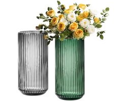 Geribbelde Glazen Vazen - Bloemenvaas Set - Woonkamer Decoratie - Handgeblazen Uniek Stuk - 95 x 195 cm