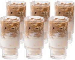 Geribbelde Longdrinkglazen - 330ml - Set van 6 - Cocktailglazen - IJskoffieglazen - Drinkglazen