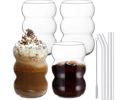 Geribbelde matcha drinkglazen set van 4 - 550 ml - Wave glazen - longdrinkglazen - met glazen rietjes - bubbelglazen - waterglazen - voor matcha - latte macchiato - ijskoffie - cocktails - frisdrank - whisky