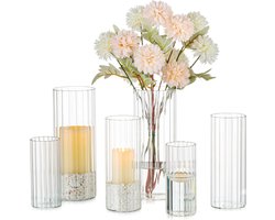 Geribbelde Zuil Kaarshouder - Heldere Orkaan Kaarshouder - Set Van 6 - Decoratieve Kerst Kaarshouders Voor Woonkamer - Glazen Cilinder Vaas Drijvende Kaarshouders - Voor Diner Thuis Party