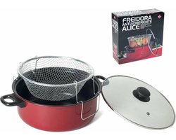 Gerimport friteuse/frituurpan met glazen deksel - voor alle hittebronnen - rood - D26 cm